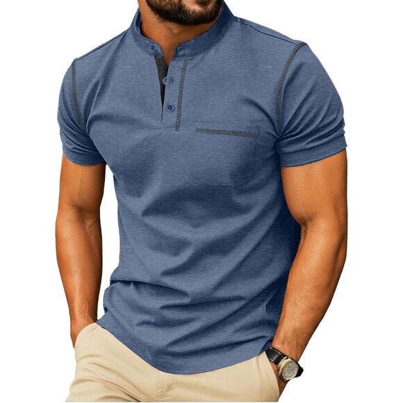Men Blue Henley Shirt Casual Short Sleeve Fashion Tee With Stand Collar - Picture 1 of 6